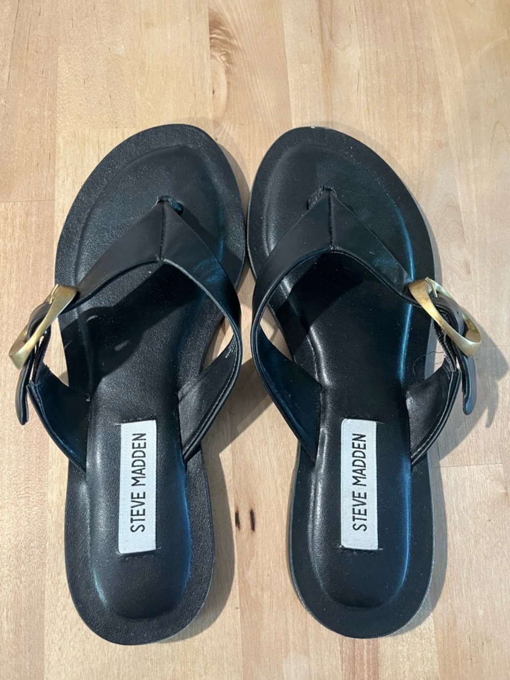 Steve Madden Black Thong Sandals with Gold Buckle